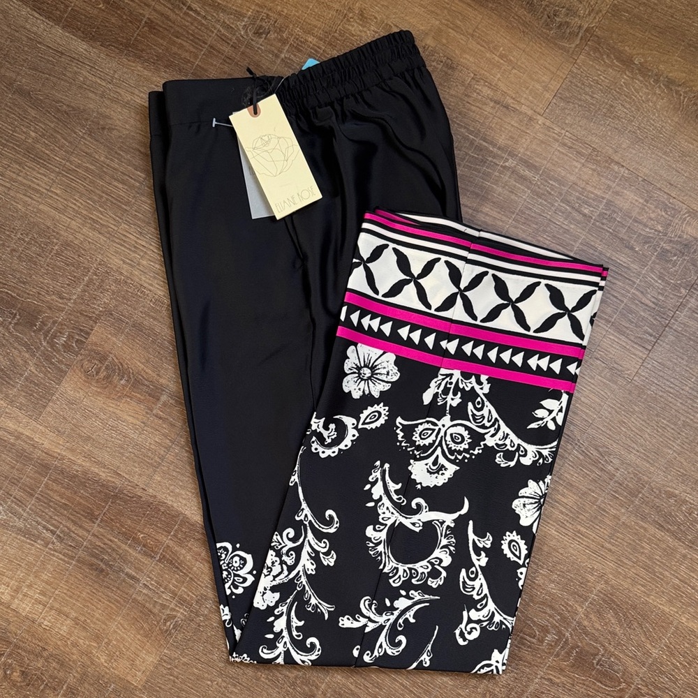 Black and White Patterned Pants with Pink Accents Elastic Waist